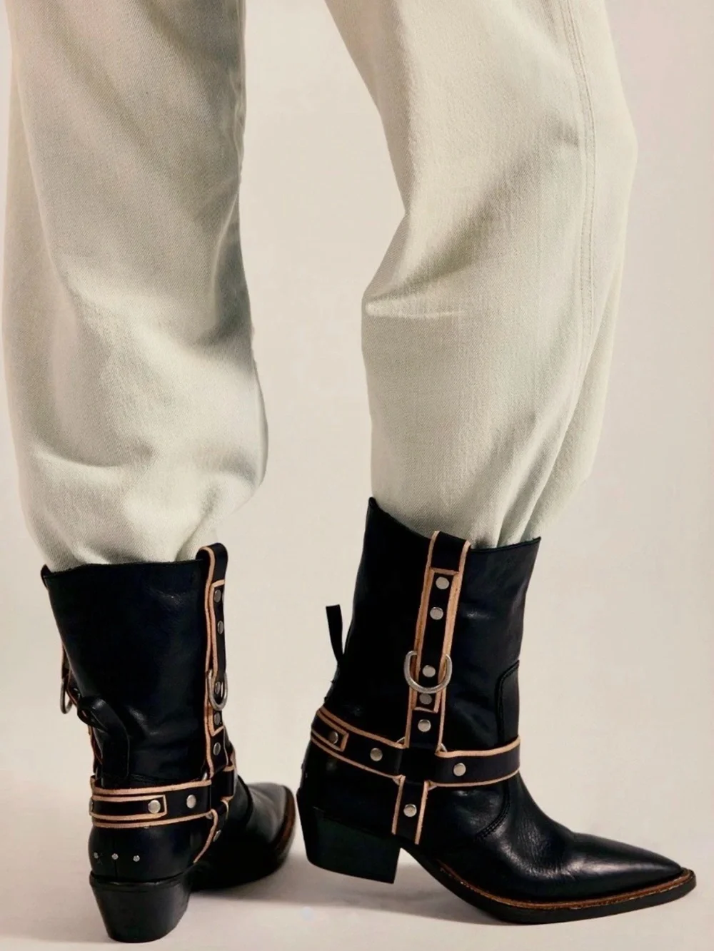 Free People We The Free Abroad Harness Boots Black Tan Pewter Pointy - Picture 8 of 8